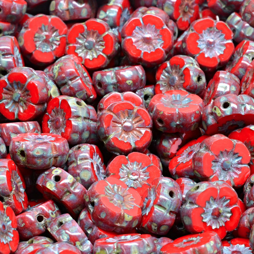 16 Pcs 8mm Hawaiian Flower Table Cut Glass Czech Beads -Brick Red