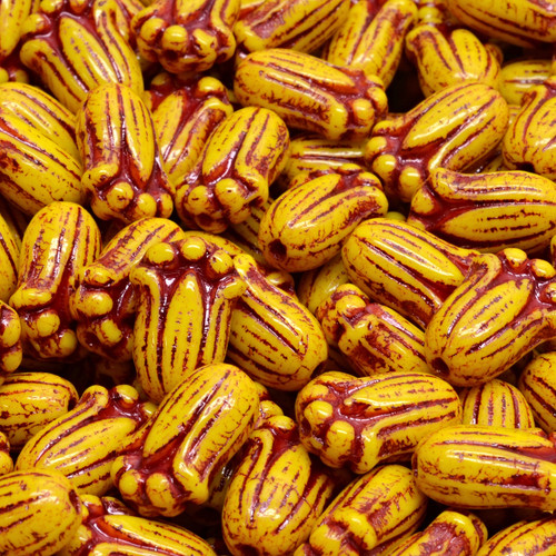 11 Pcs 12x8mm Tulip Bud Pressed Czech Glass Beads -Mustard Yellow/Red