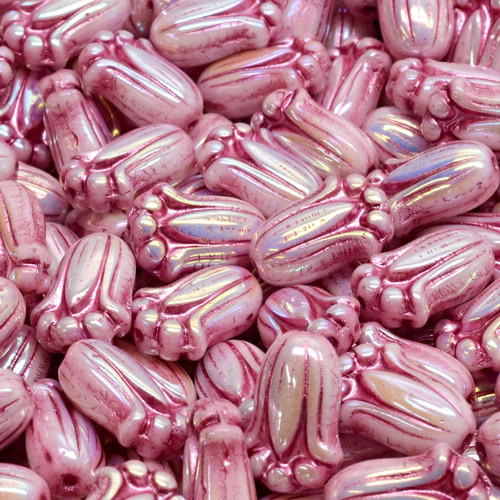 11 Pcs 12x8mm Tulip Bud Pressed Czech Glass Beads -Iridescent Blush