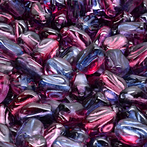 14 Pcs 9x7mm Mini Tulip Pressed Czech Glass Beads -Clear Lavender And Fuchsia