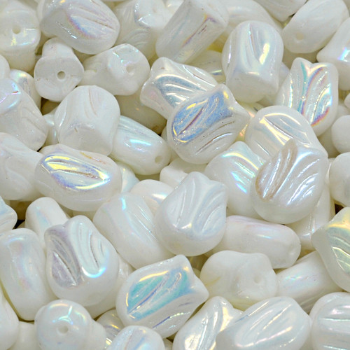 14 Pcs 9x7mm Mini Tulip Pressed Czech Glass Beads -Iridescent White