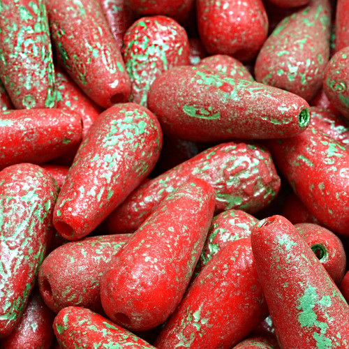 7 Pcs 20x9mm Drop Pressed Czech Glass Beads -Red And Seafoam Green
