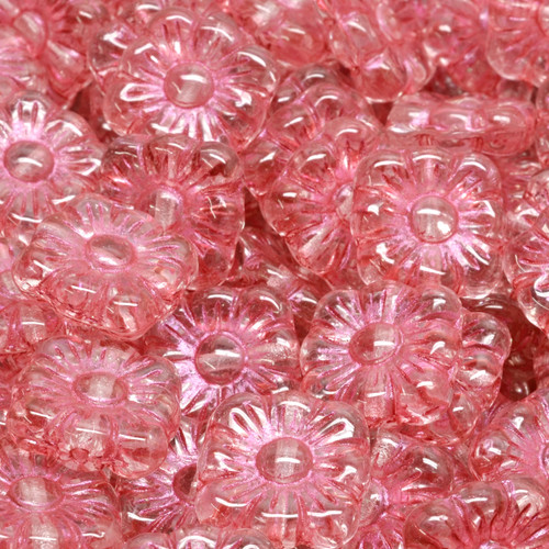 Clear Magenta Square Flower Pressed Czech Glass Beads