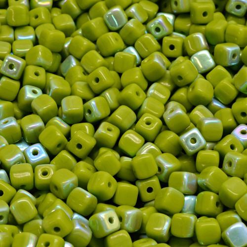 32 Pcs 4mm Cube Pressed Czech Glass Beads -Pea Green