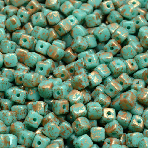 32 Pcs 4mm Cube Pressed Czech Glass Beads -Teal/Copper