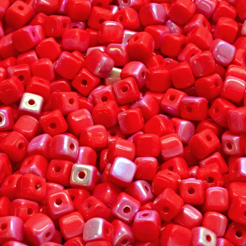 32 Pcs 4mm Cube Pressed Czech Glass Beads -Red