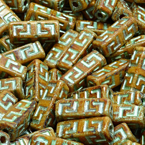 9 Pcs 15x5mm Celtic Block Pressed Czech Glass Beads -Antique Tan/Seafoam