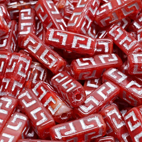 9 Pcs 15x5mm Celtic Block Pressed Czech Glass Beads -Red/Silver