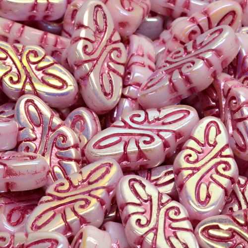 7 Pcs 19x9mm Arabesque Pressed Czech Glass Beads -Rosy Pink