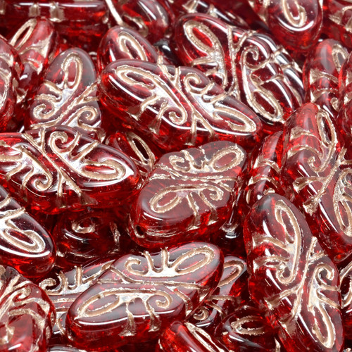 7 Pcs 19x9mm Arabesque Pressed Czech Glass Beads -Red