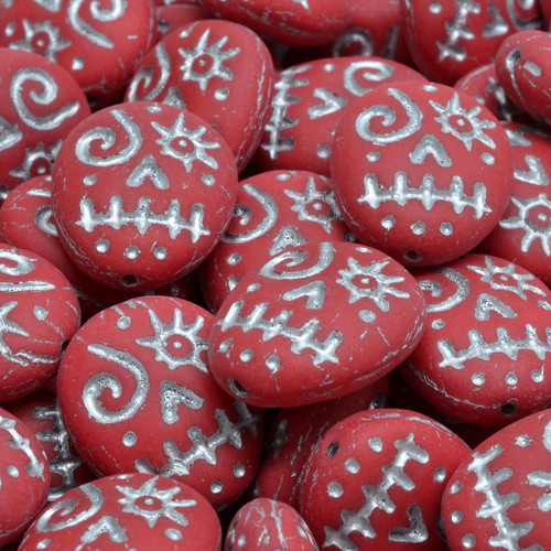 8 Pcs 16x13mm Voodoo Funny Face Pressed Czech Glass Beads -Red/Silver