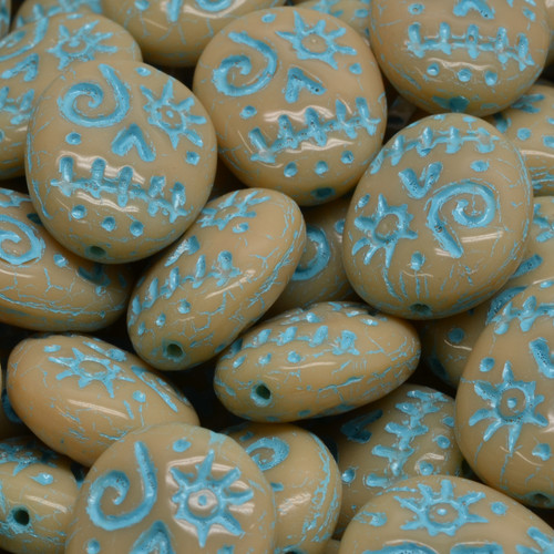 8 Pcs 16x13mm Voodoo Funny Face Pressed Czech Glass Beads -Tan/Sky Blue