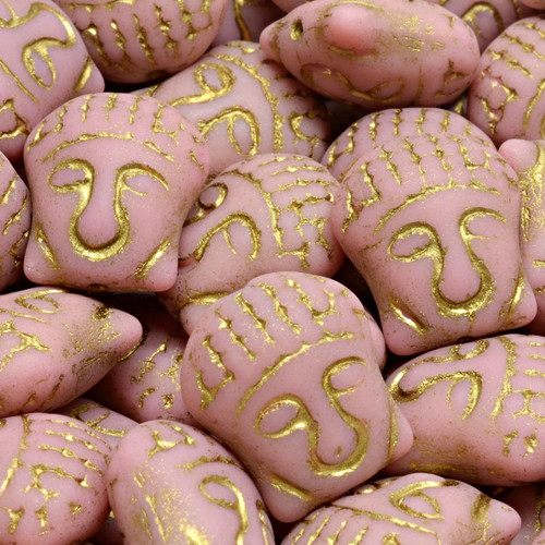 7 Pcs 15x14mm Buddha Head Pressed Czech Glass Beads -Baby Pink/Gold