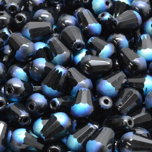 16 Pcs 8x6mm Firepolished Drop Czech Glass Beads -Black Galaxy