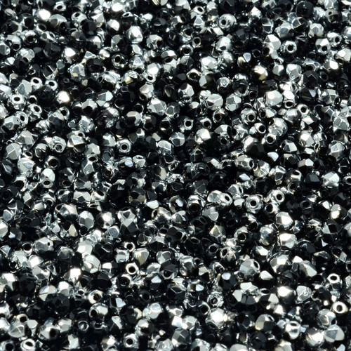 50 Pcs 2mm Firepolished Round Czech Glass Beads -Black And Silver
