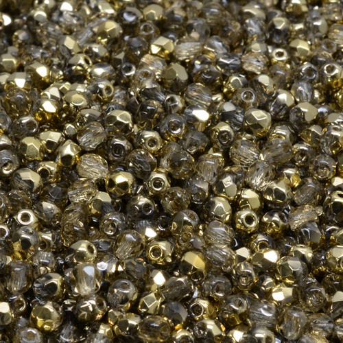50 Pcs 3mm Firepolished Round Czech Glass Beads -Clear Golden Smoke