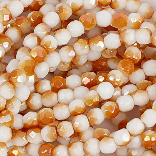 50 Pcs 3mm Firepolished Round Czech Glass Beads -White Iridescent Orange