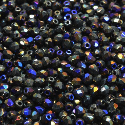 50 Pcs 3mm Firepolished Round Czech Glass Beads -Iridescent Black/Blue