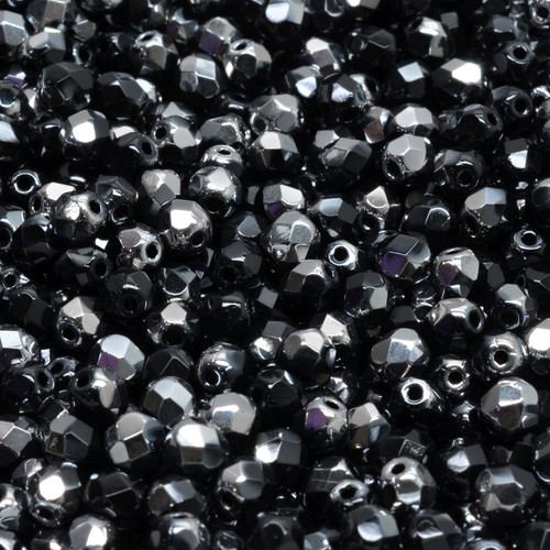 50 Pcs 3mm Firepolished Round Czech Glass Beads -Black Smoky Metallic