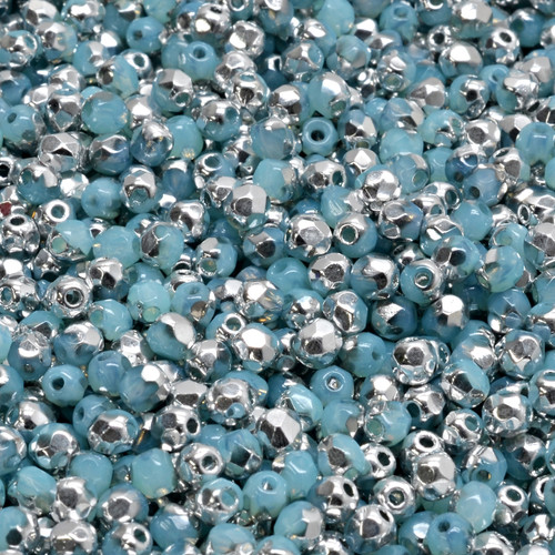 50 Pcs 3mm Firepolished Round Czech Glass Beads -Silver And Light Blue