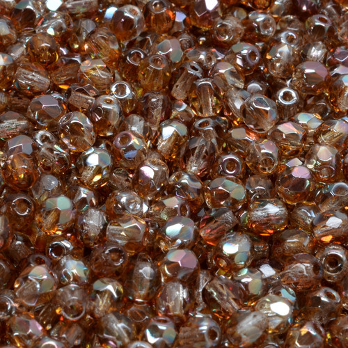 50 Pcs 4mm Firepolished Round Czech Glass Beads -Clear Iridescent Amber