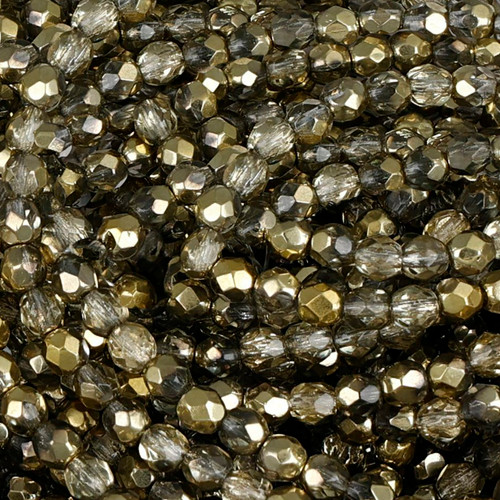50 Pcs 4mm Firepolished Round Czech Glass Beads -Clear Golden Smoke