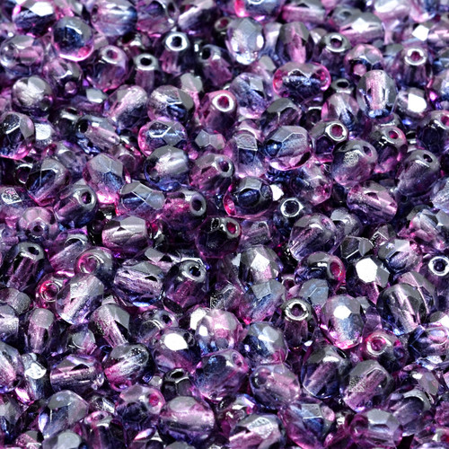 50 Pcs 4mm Firepolished Round Czech Glass Beads -Clear Lavender Fuchsia