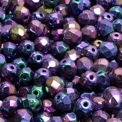 25 Pcs 6mm Firepolished Round Czech Glass Beads -Metallic Peacock