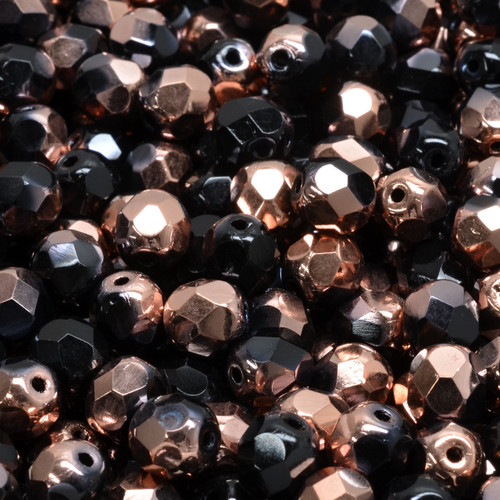 25 Pcs 6mm Firepolished Round Czech Glass Beads -Glossy Black Copper