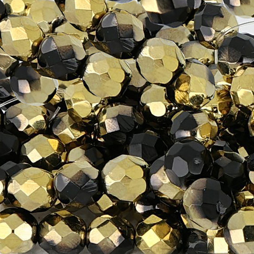 16 Pcs 8mm Firepolished Round Czech Glass Beads -Glossy Gold And Black