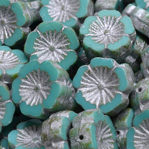 9 Pcs 14mm Hawaiian Flower Table Cut Glass Czech Beads - Teal