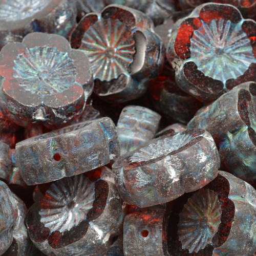 9 Pcs 14mm Hawaiian Flower Table Cut Glass Czech Beads - Clear Red
