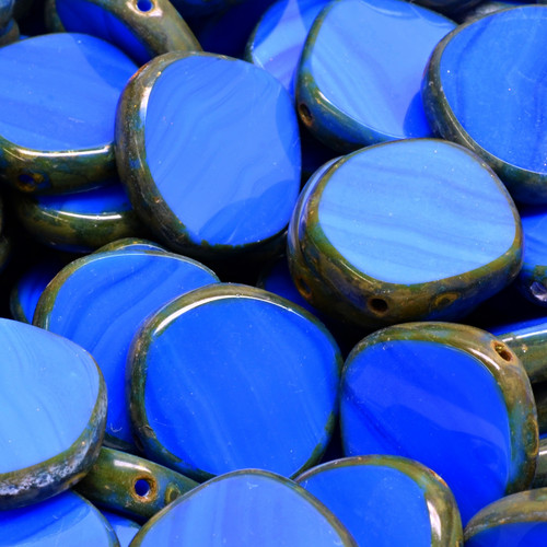 9 Pcs 15mm 8 Edged Designed Table Cut Glass Czech Beads -Blue Woodgrain