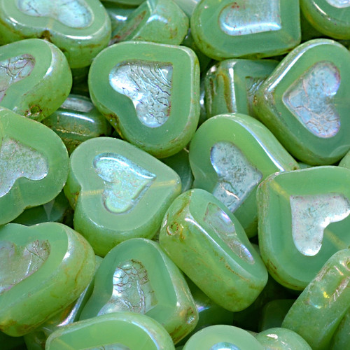 10 Pcs 14x12mm Heart Table Cut Glass Czech Beads - Kiwi Green