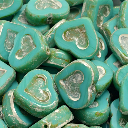 10 Pcs 14x12mm Heart Table Cut Glass Czech Beads - Turquoise