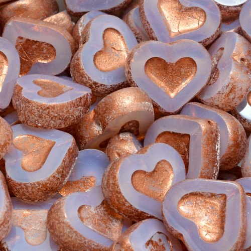 10 Pcs 14x12mm Heart Table Cut Glass Czech Beads - Copper And Clear Lavender