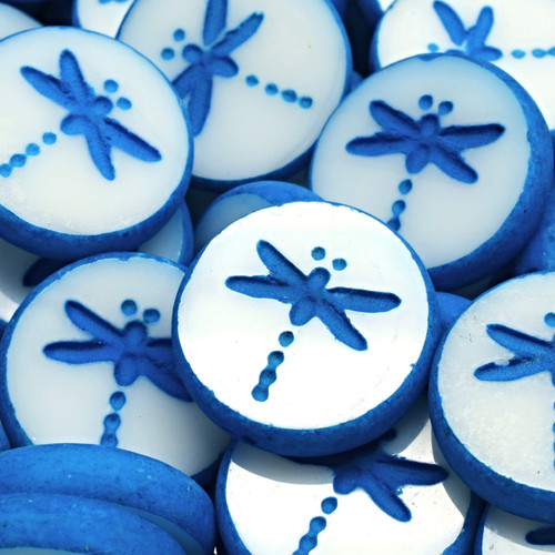 Table Cut Dragonfly Glass Czech Beads - White/Deep Aqua Blue