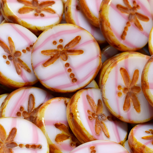 Table Cut Dragonfly Glass Czech Beads - White Pink/Amber