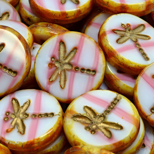 8 Pcs 17mm Table Cut Dragonfly Glass Czech Beads - White Pink/Gold Amber