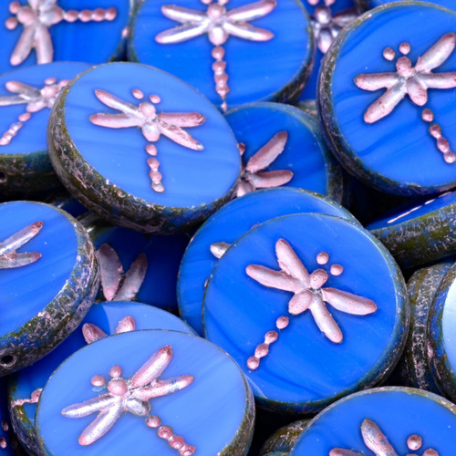 Table Cut Dragonfly Glass Czech Beads - Royal Blue