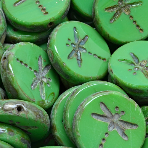 8 Pcs 17mm Table Cut Dragonfly Glass Czech Beads - Green/Grey