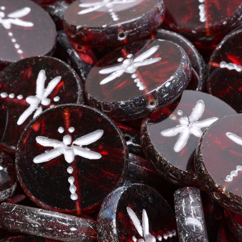 8 Pcs 17mm Table Cut Dragonfly Glass Czech Beads - Clear Dark Red/White