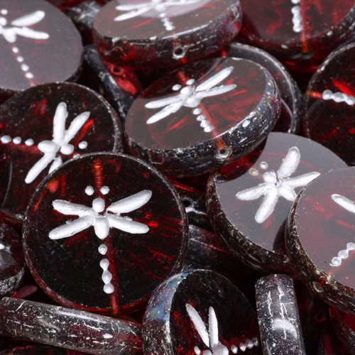 Table Cut Dragonfly Glass Czech Beads - Clear Dark Red/White