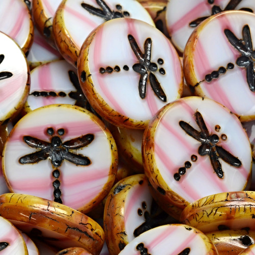 Table Cut Dragonfly Glass Czech Beads - White Pink/Dark Amber