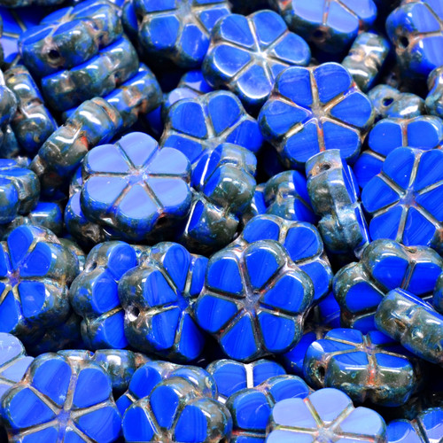 13 Pcs 10mm Table Cut Garland Flower Glass Czech Beads - Royal Blue