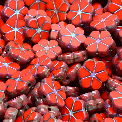 13 Pcs 10mm Table Cut Garland Flower Glass Czech Beads - Fire Engine Red