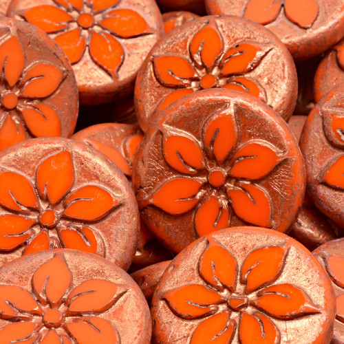 7 Pcs 18mm Table Cut Coin Flower Czech Glass  Beads - Citrus Orange