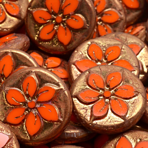 7 Pcs 18mm Table Cut Coin Flower Czech Glass  Beads - Orange/Bronze