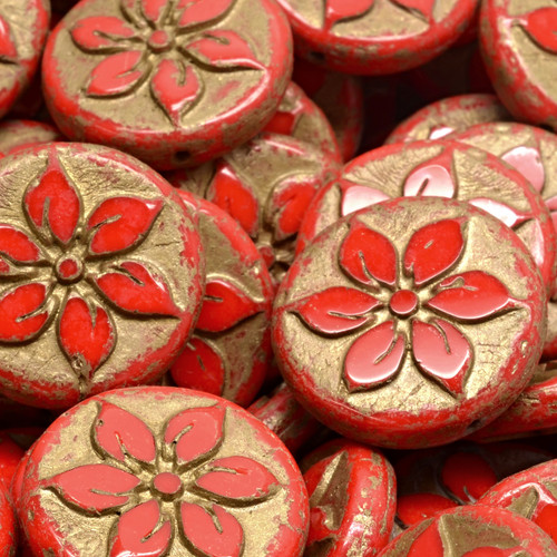 7 Pcs 18mm Table Cut Coin Flower Czech Glass  Beads - Red/Antique Gold