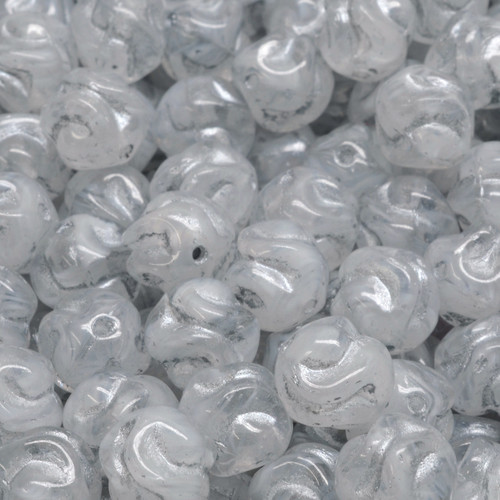 16 Pcs 8mm Yarn Ball Pressed Czech Glass Beads - Clear White/Silver